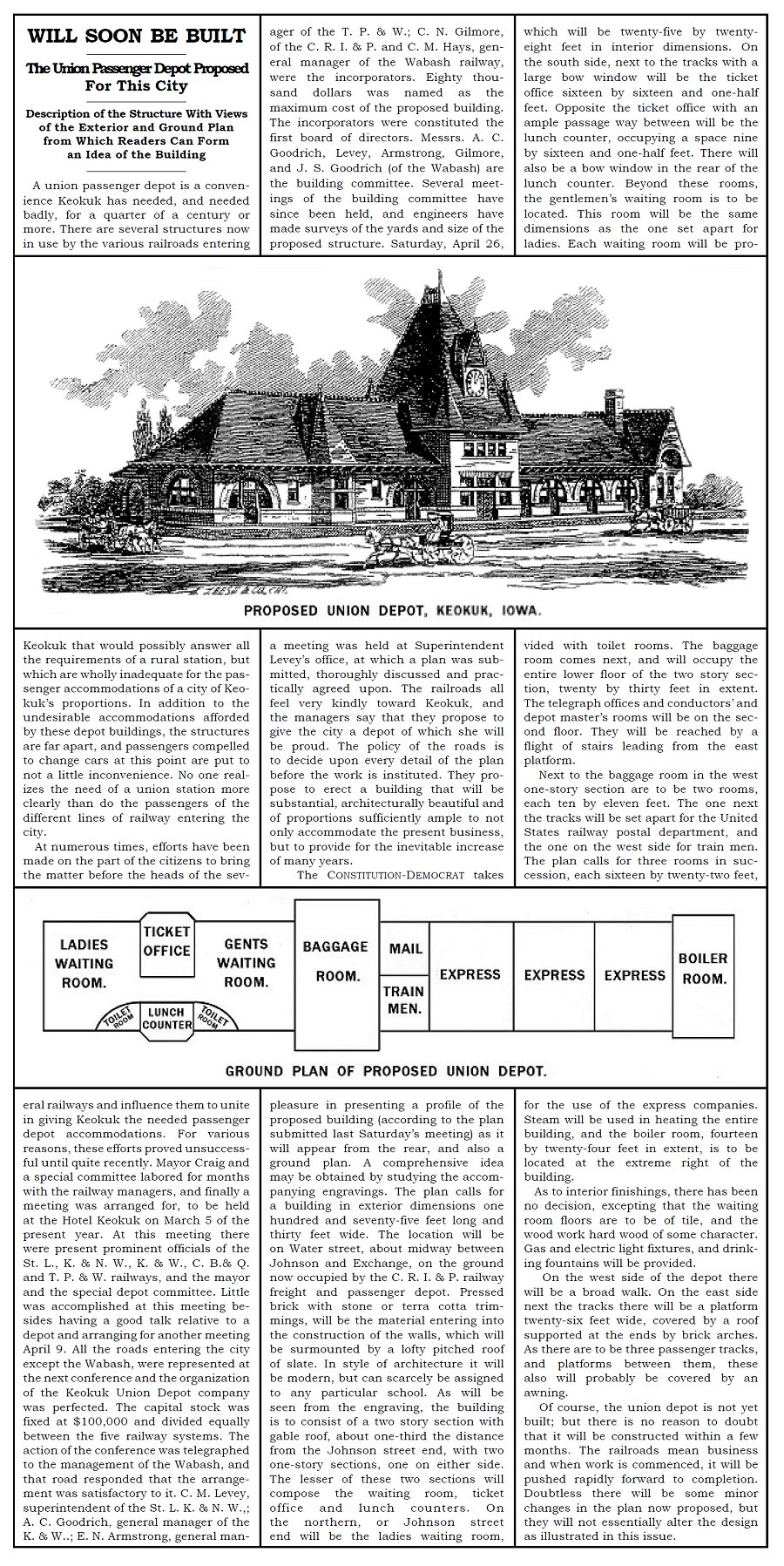 Newspaper article about proposed Union Depot, 1890