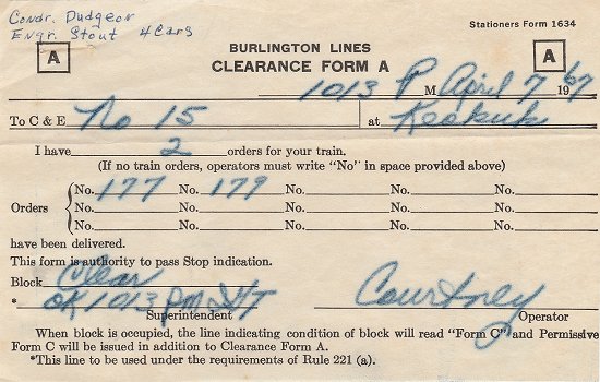 Clearance Form for Last Passenger Train through Keokuk